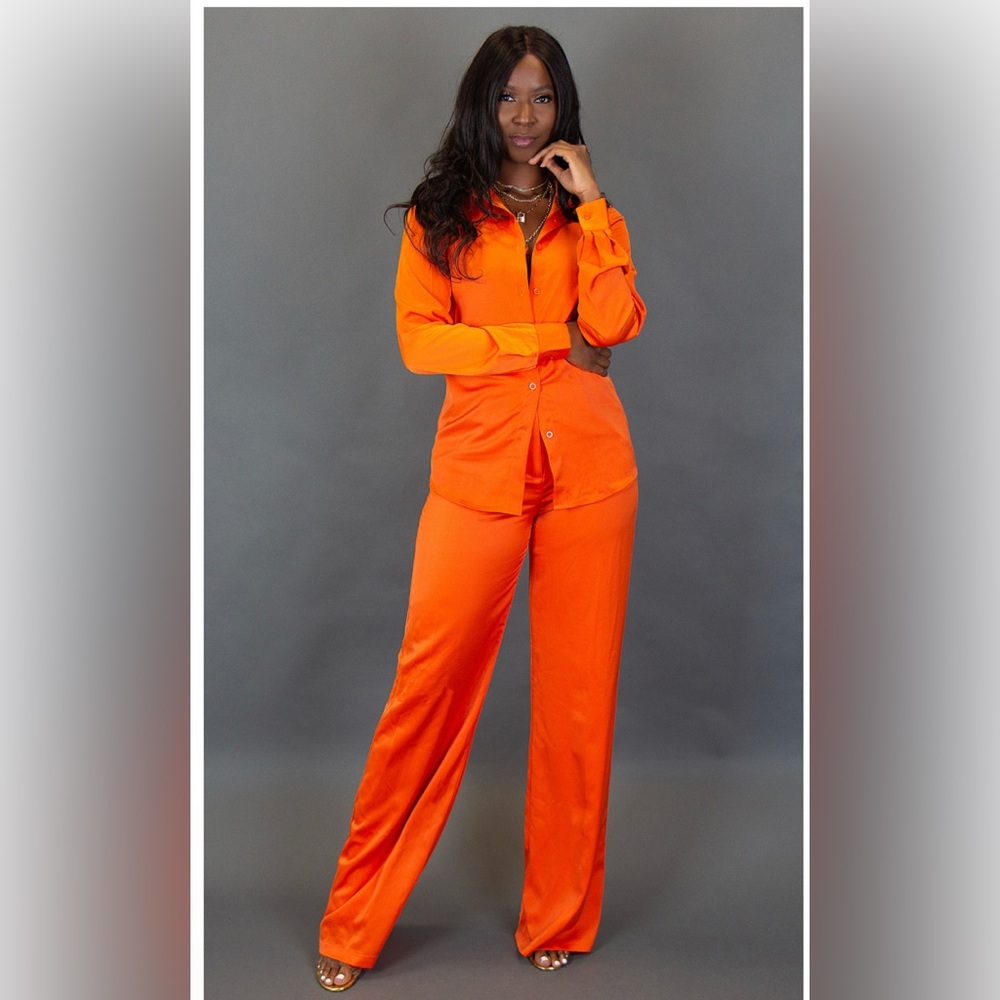 Prissy Duck Isla Satin Button Up Blouse - Orange and Pants 2 piece set Tall Girl